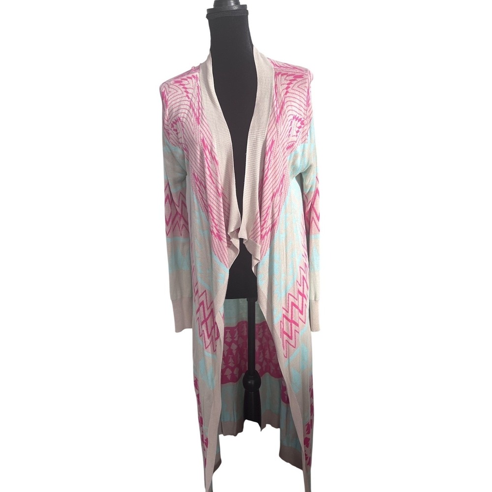 Myan‎ Womens L Long Boho Open Front Cardigan Duster Sweater Pastel Tribal Aztec